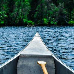 Peaceful canoe ride on a scenic lake surrounded by lush forest.