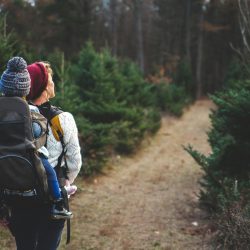 A mother with her child in a carrier backpack hiking through a forest trail on a crisp autumn day.